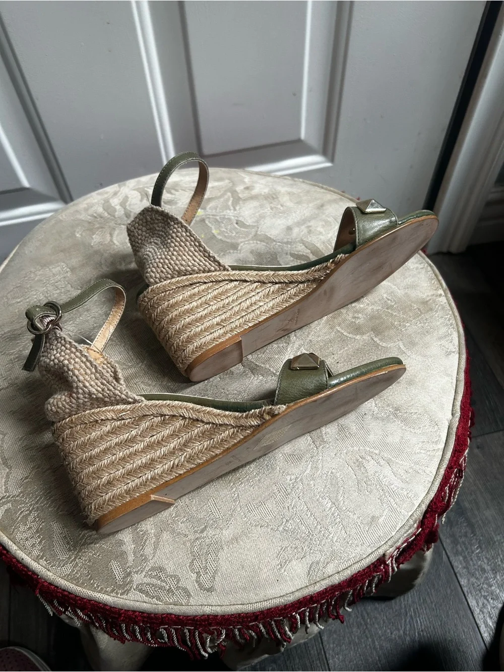 Venise Collection Olive Green Espadrille Wedge Sandals with Ankle Strap Sz 38